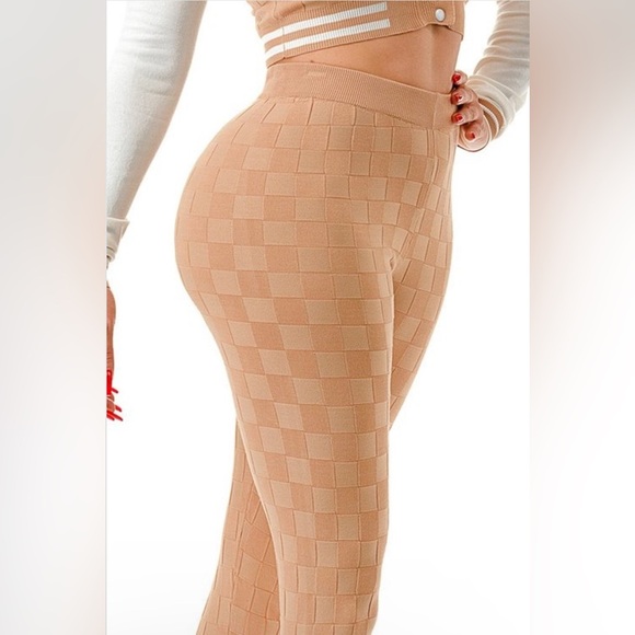 Khaki Two Piece Knit Varsity Stye Jacket Top High Waisted Knit Leggings Joggers - Picture 6 of 13